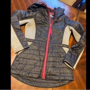 Girls' Black Puffer Jacket with Gray Panels and Pink Zipper